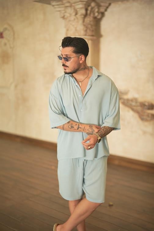 Light Kısa Kol Oversize Gömlek Açık Mavi