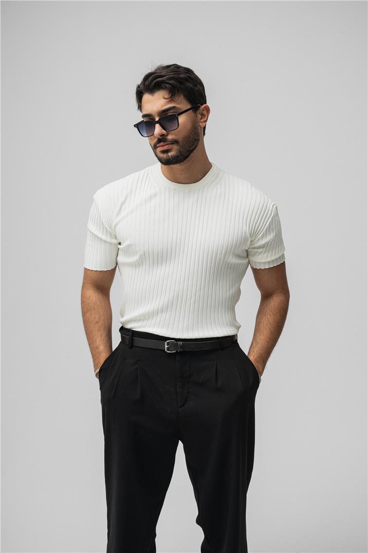 Likralı Loose Fit Ribbed T-Shirt Beyaz
