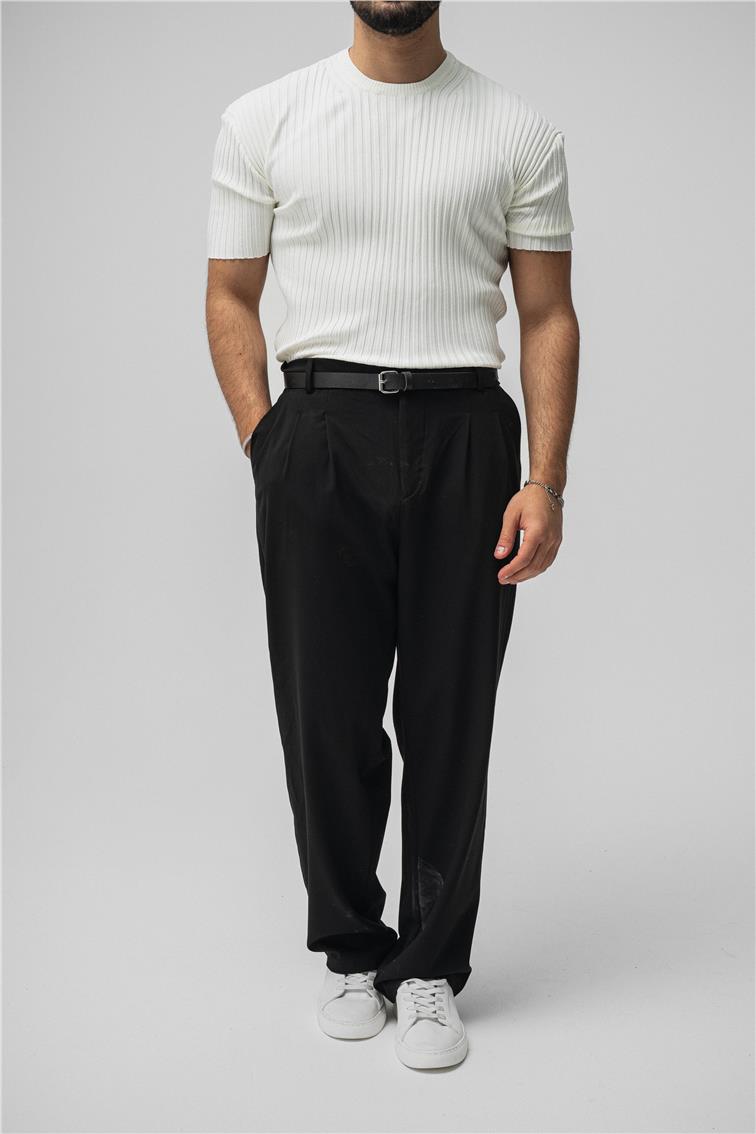 Likralı Loose Fit Ribbed T-Shirt Beyaz