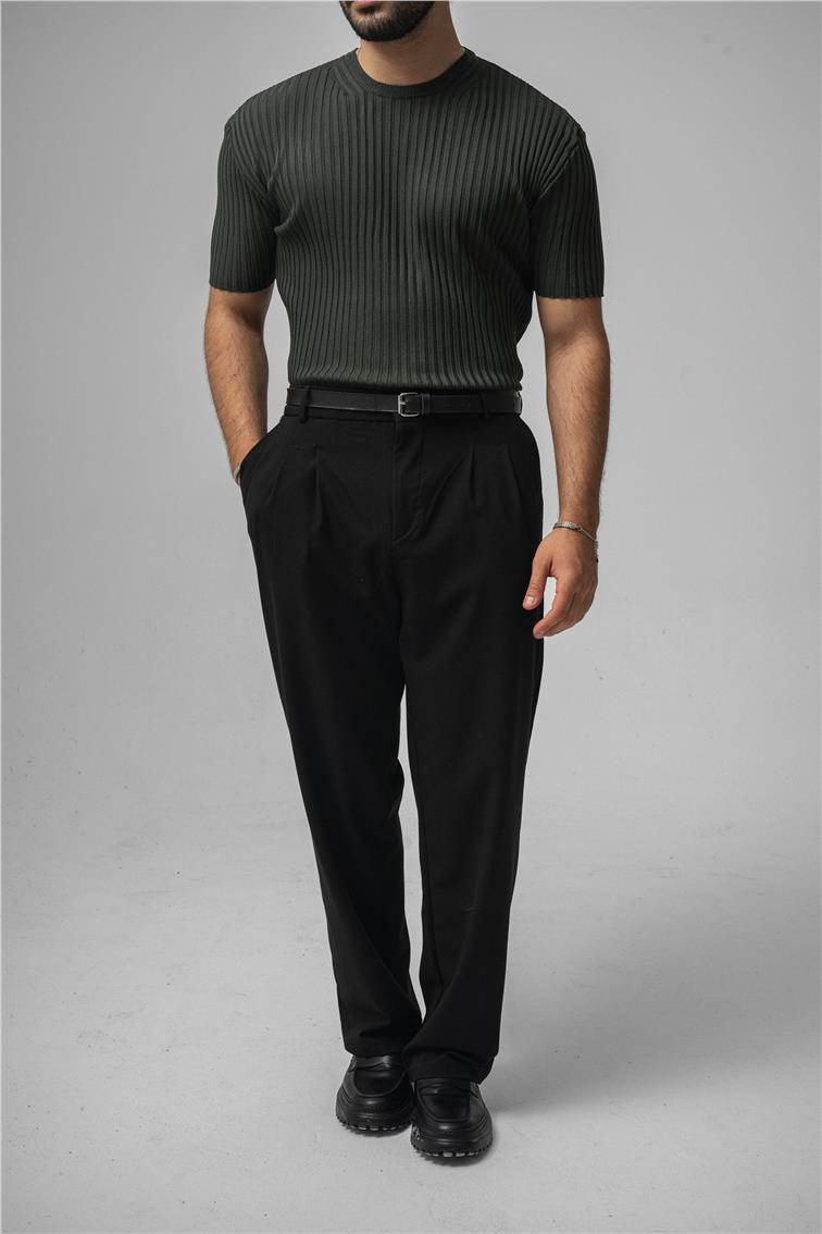 Likralı Loose Fit Ribbed T-Shirt Koyu Yeşil