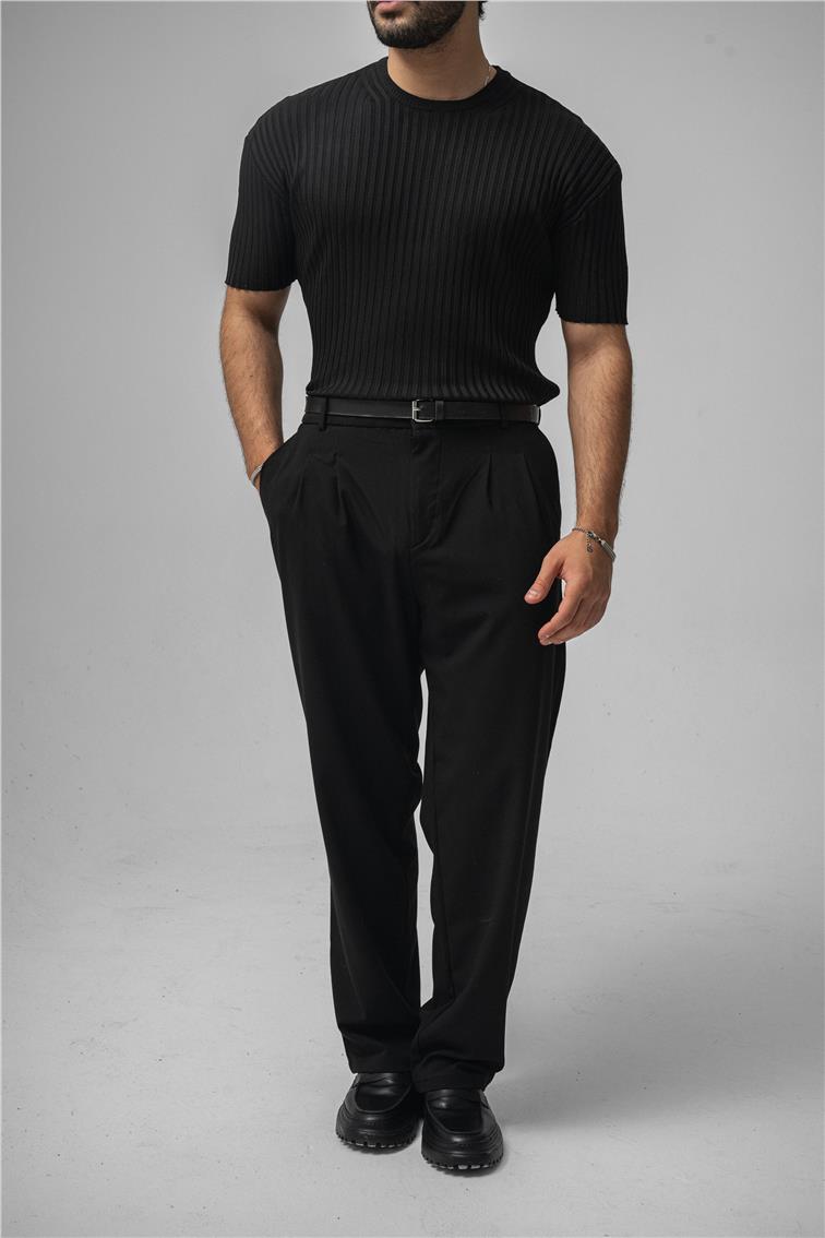 Likralı Loose Fit Ribbed T-Shirt Siyah