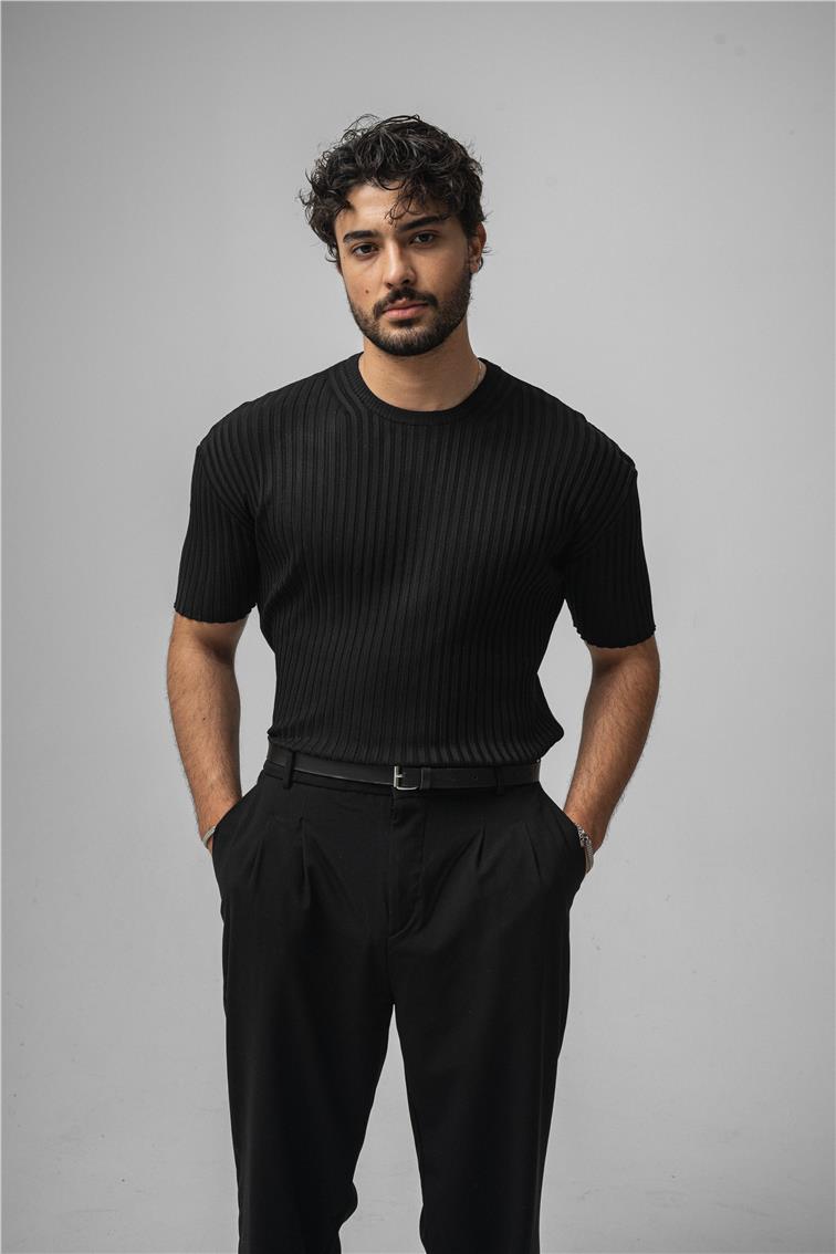 Likralı Loose Fit Ribbed T-Shirt Siyah