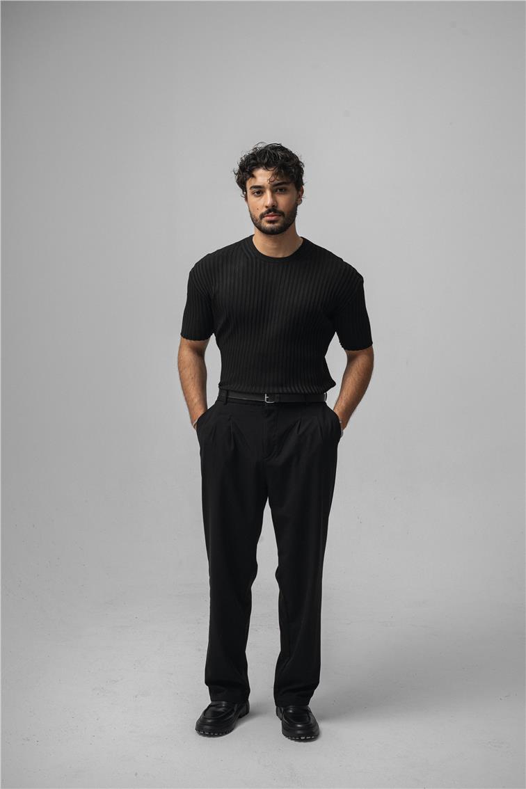 Likralı Loose Fit Ribbed T-Shirt Siyah