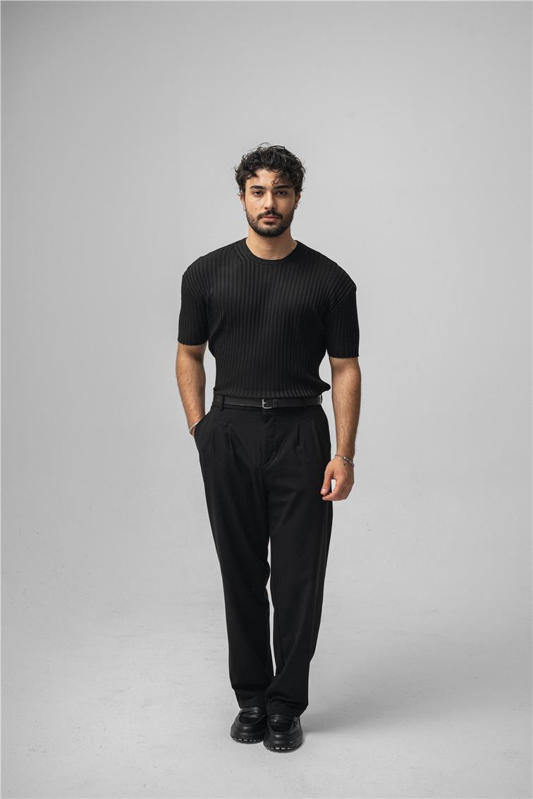 Likralı Loose Fit Ribbed T-Shirt Siyah