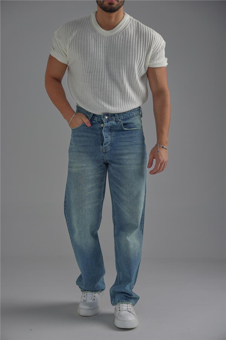 Loose Fit Ribbed T-Shirt Beyaz