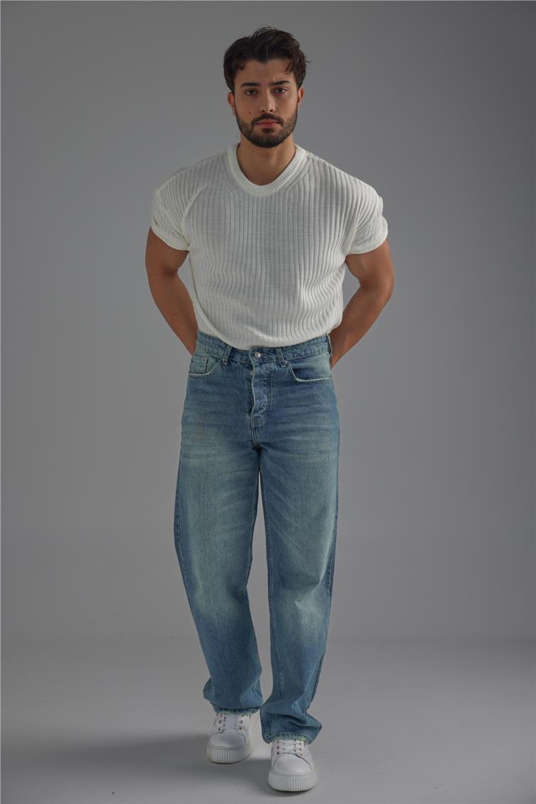 Loose Fit Ribbed T-Shirt Beyaz