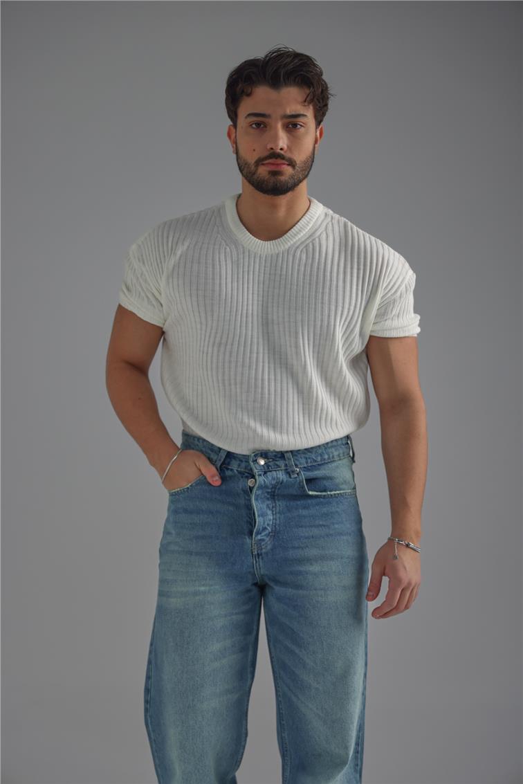 Loose Fit Ribbed T-Shirt Beyaz