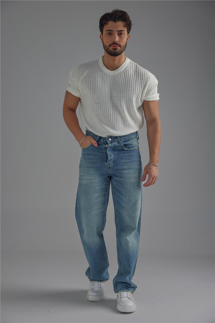 Loose Fit Ribbed T-Shirt Beyaz