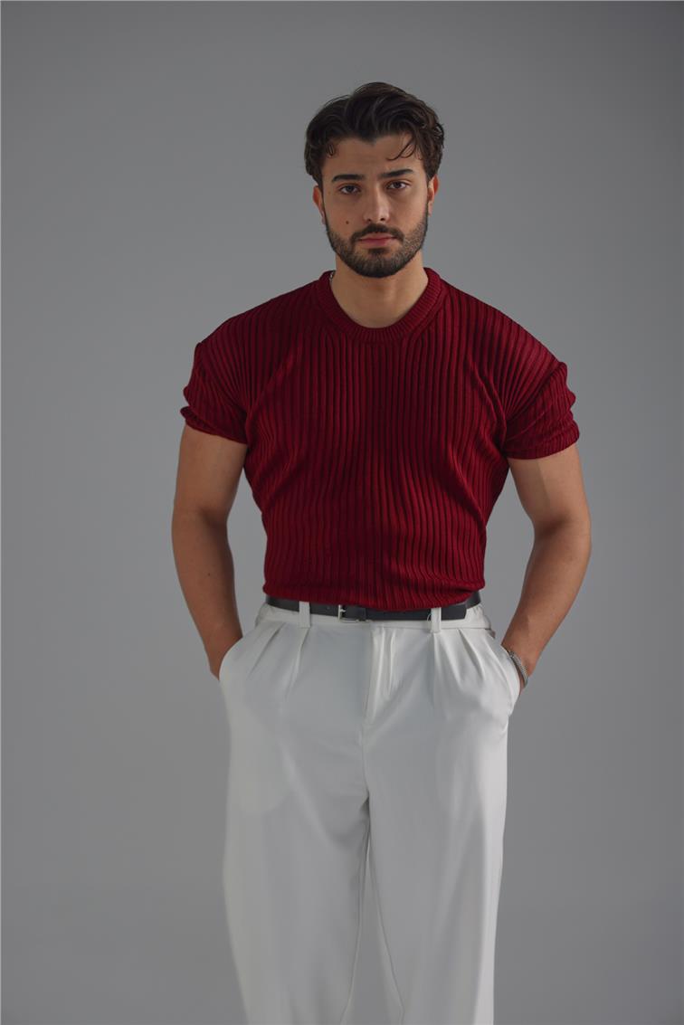 Loose Fit Ribbed T-Shirt Bordo