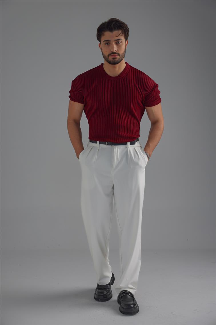 Loose Fit Ribbed T-Shirt Bordo