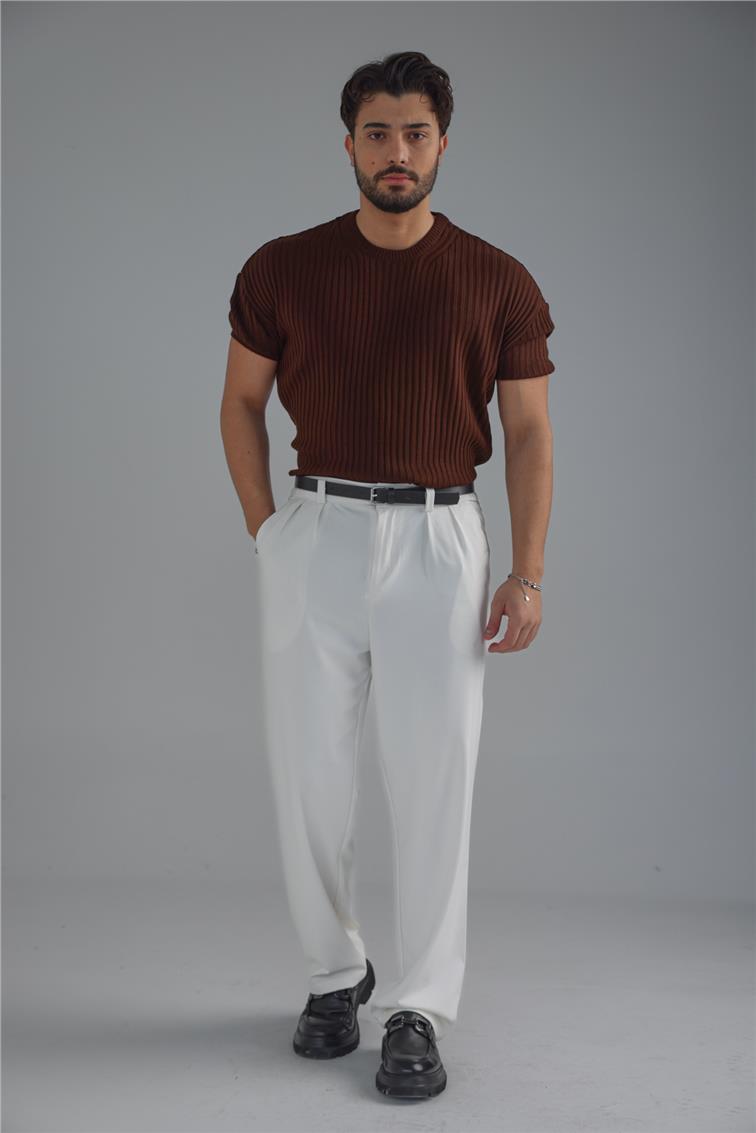 Loose Fit Ribbed T-Shirt Kahve