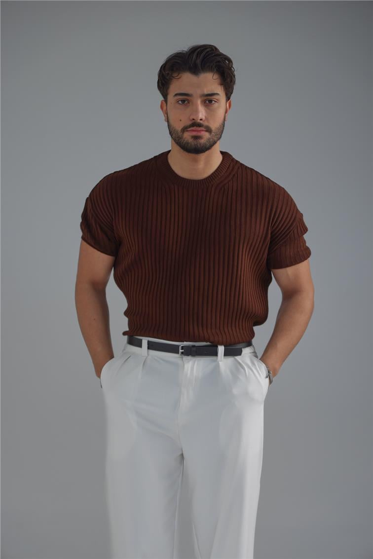 Loose Fit Ribbed T-Shirt Kahve