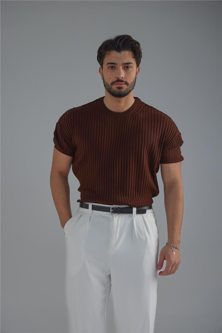 Loose Fit Ribbed T-Shirt Kahve