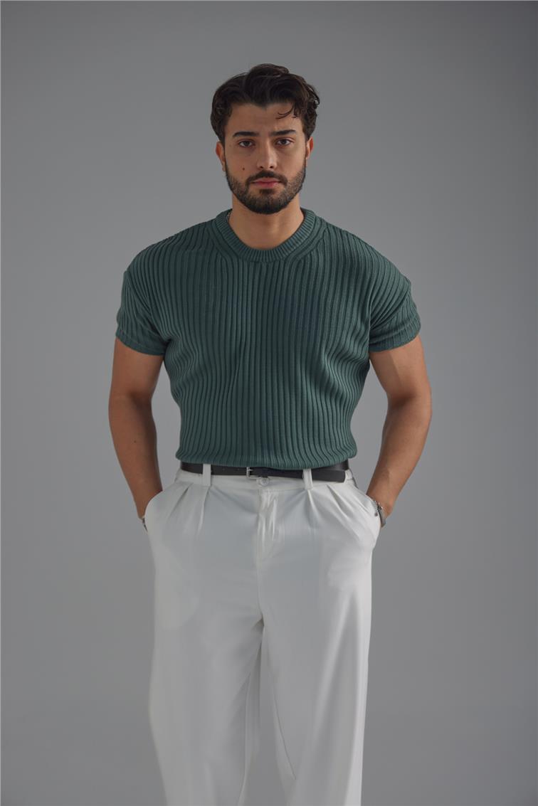 Loose Fit Ribbed T-Shirt Koyu Yeşil
