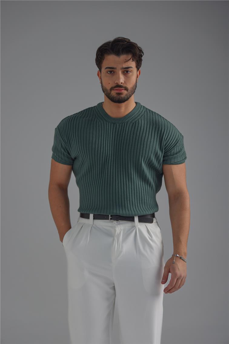 Loose Fit Ribbed T-Shirt Koyu Yeşil