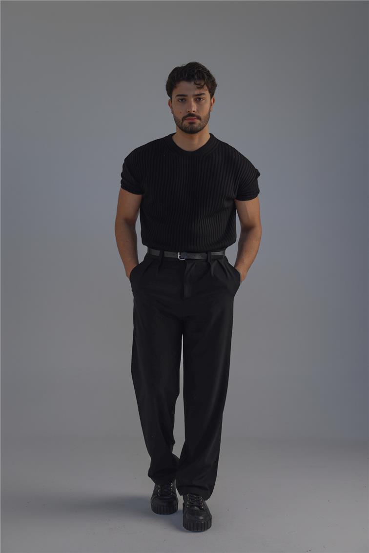 Loose Fit Ribbed T-Shirt Siyah