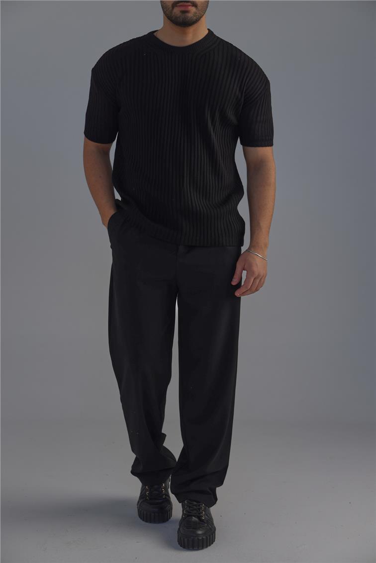 Loose Fit Ribbed T-Shirt Siyah