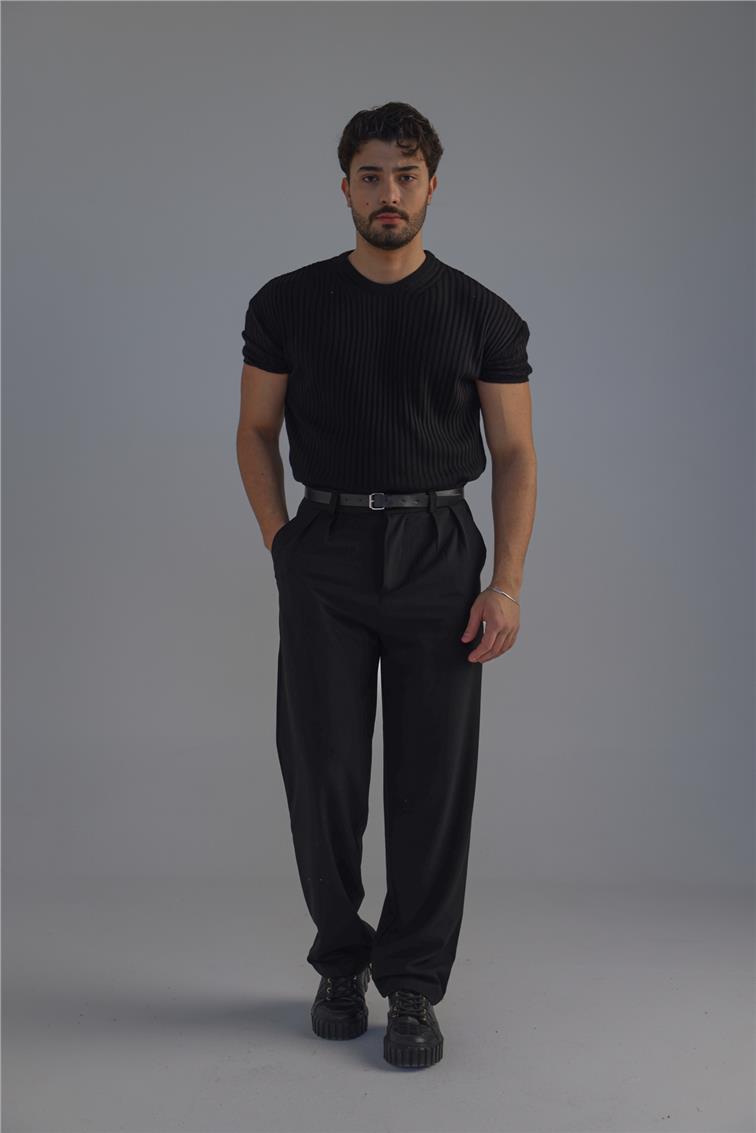 Loose Fit Ribbed T-Shirt Siyah
