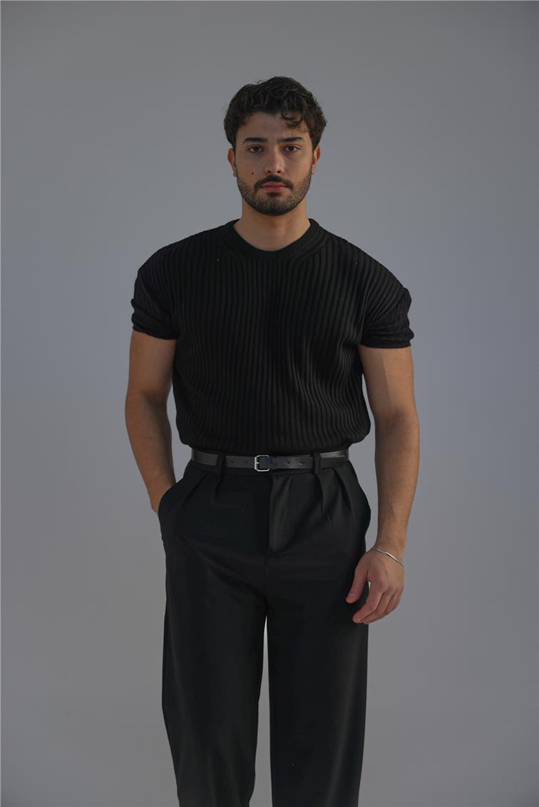 Loose Fit Ribbed T-Shirt Siyah