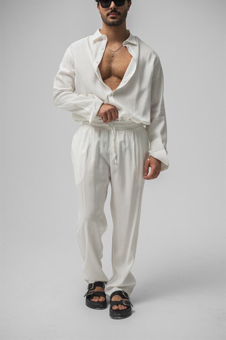 Tensel Kumaş Baggy Pant. Beyaz