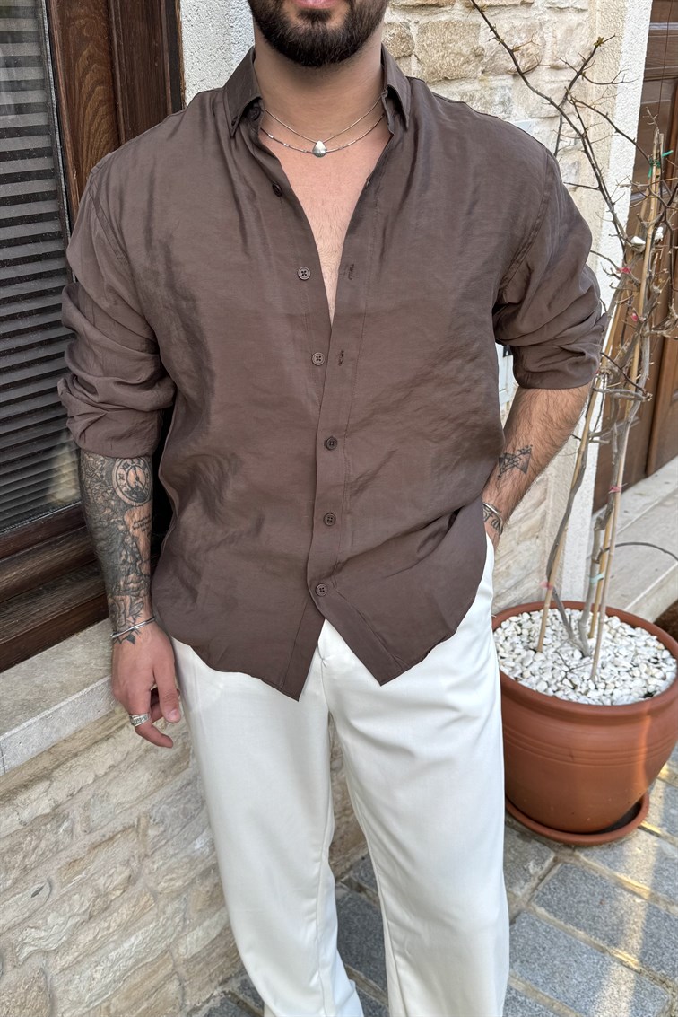 Lyocell Organik Basic Oversize Gömlek Kahve