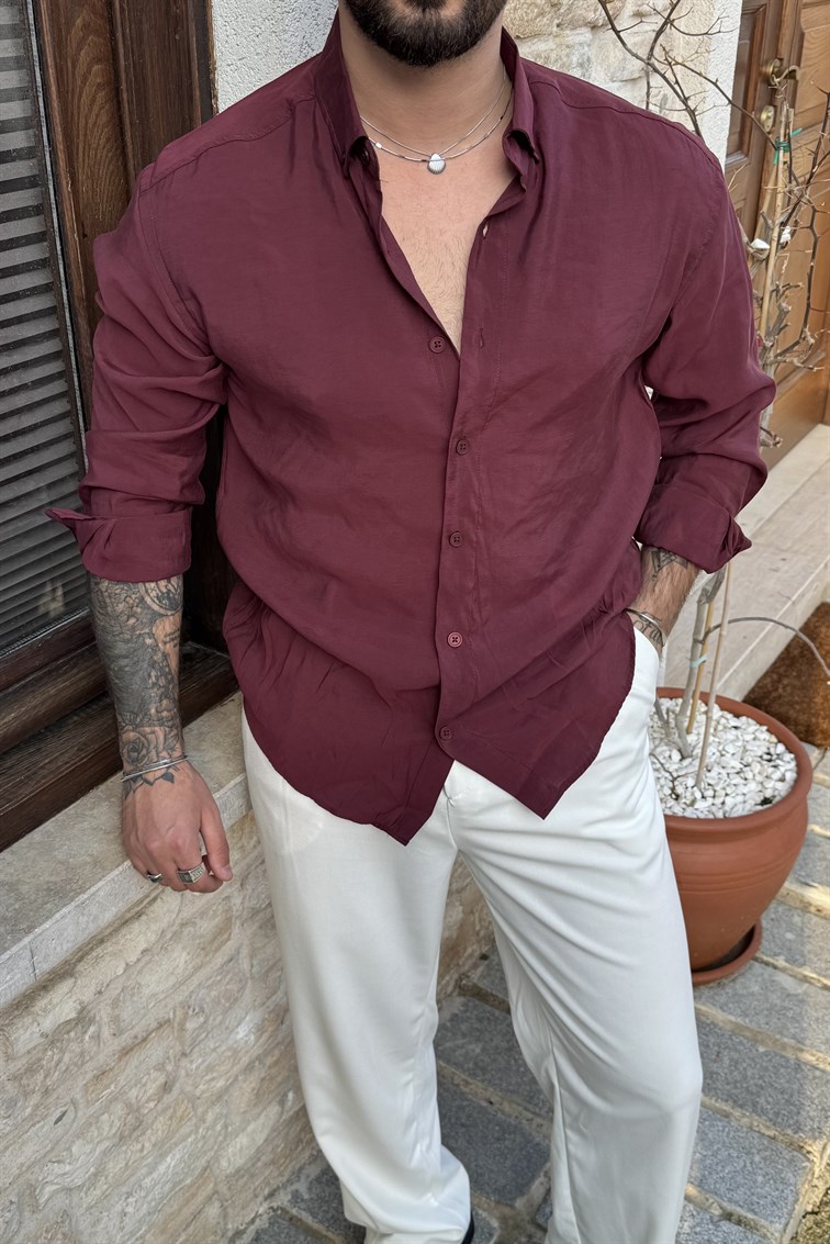 Lyocell Organik Basic Oversize Gömlek Bordo
