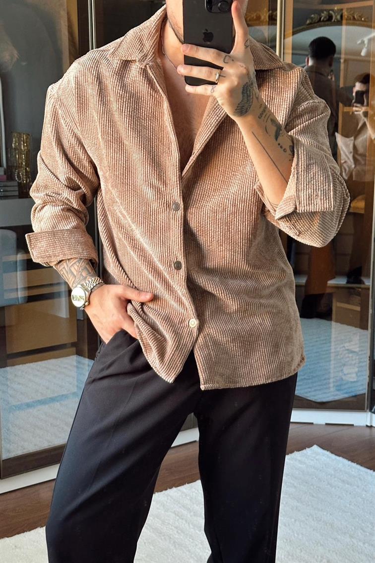 Metal Düğmeli Bol Kadife Gömlek Kahve