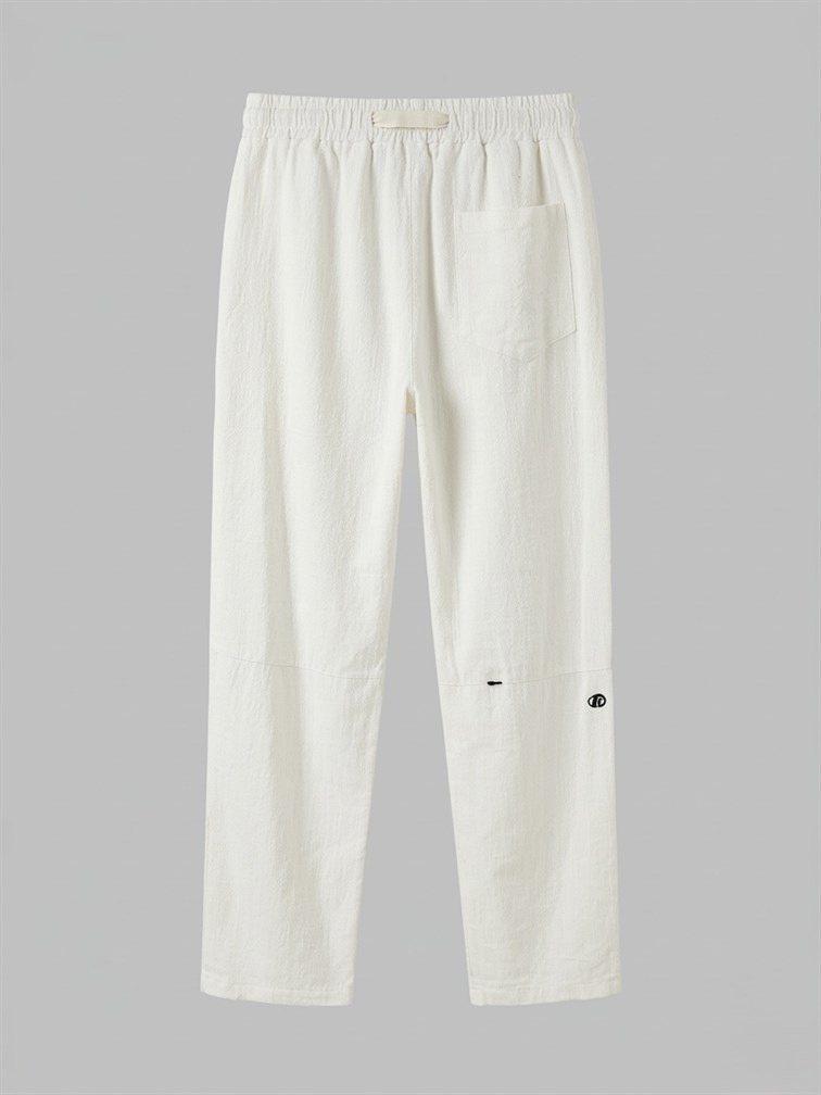 Minimal Baskılı Keten Baggy Pantolon Beyaz