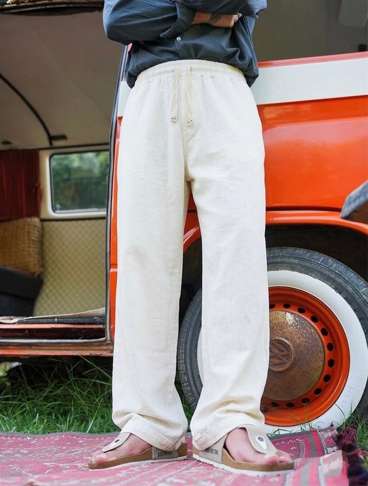 Minimal Baskılı Keten Baggy Pantolon Beyaz