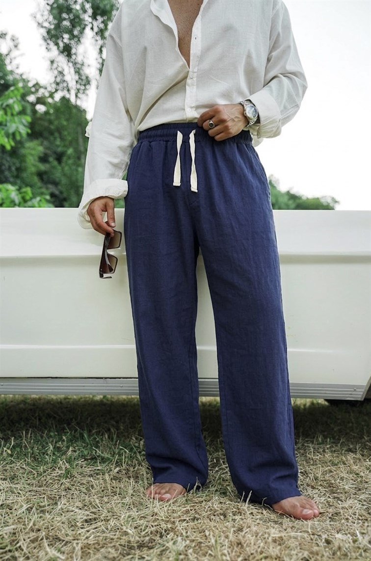 Minimal Baskılı Keten Baggy Pantolon Lacivert
