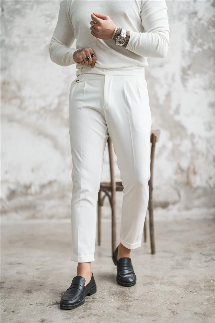 Modern Kendinden Kemerli Klasik Kalem Pantolon Beyaz