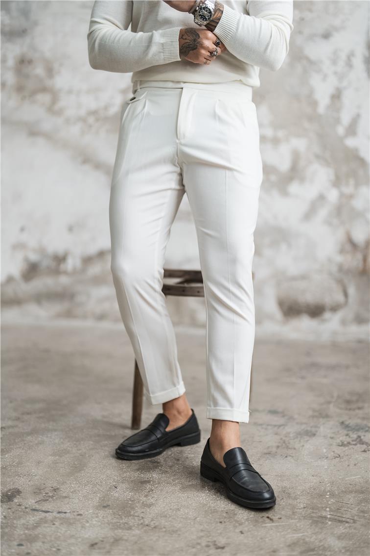 Modern Kendinden Kemerli Klasik Kalem Pantolon Beyaz