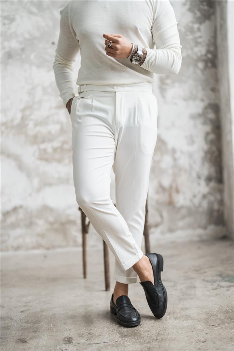 Modern Kendinden Kemerli Klasik Kalem Pantolon Beyaz