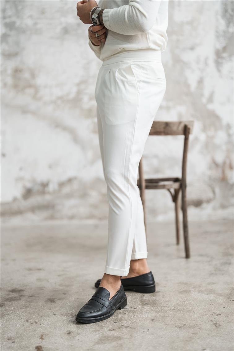 Modern Kendinden Kemerli Klasik Kalem Pantolon Beyaz