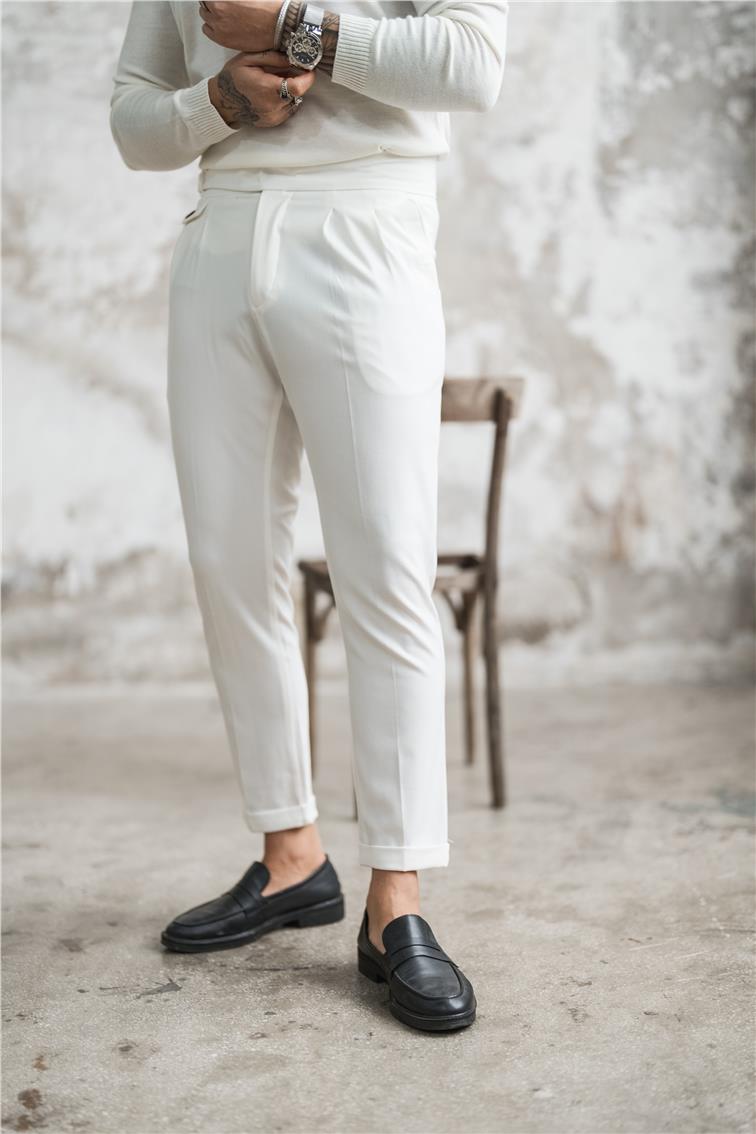 Modern Kendinden Kemerli Klasik Kalem Pantolon Beyaz