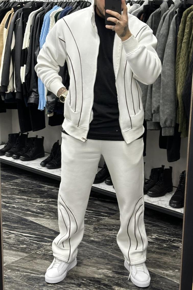 Monarc Şardonlu Hırkalı Takım Beyaz