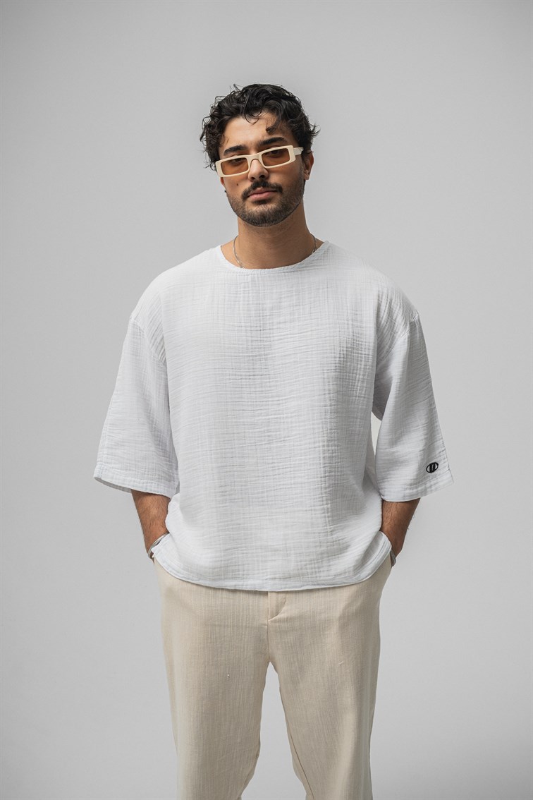 Müslin Fakir Kol Oversize Tshirt Beyaz