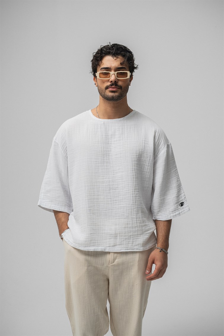 Müslin Fakir Kol Oversize Tshirt Beyaz