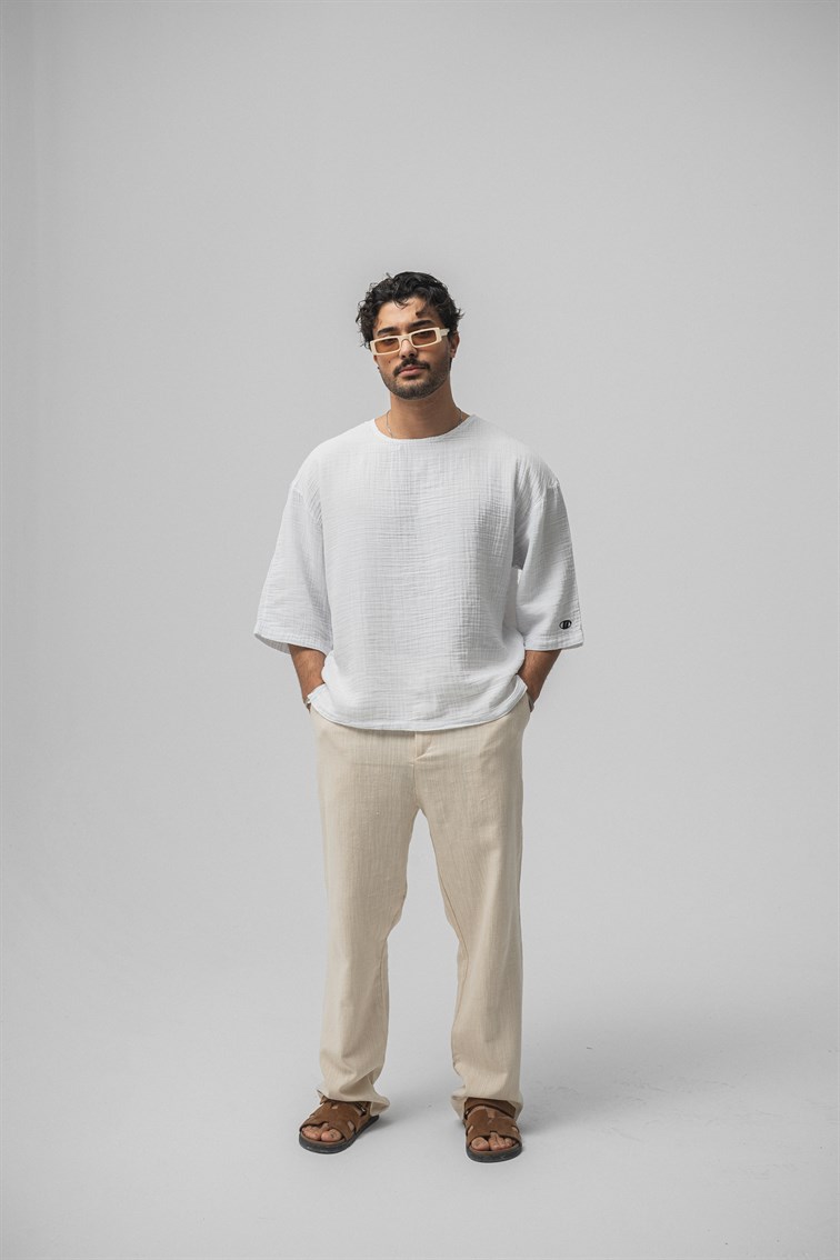 Müslin Fakir Kol Oversize Tshirt Beyaz