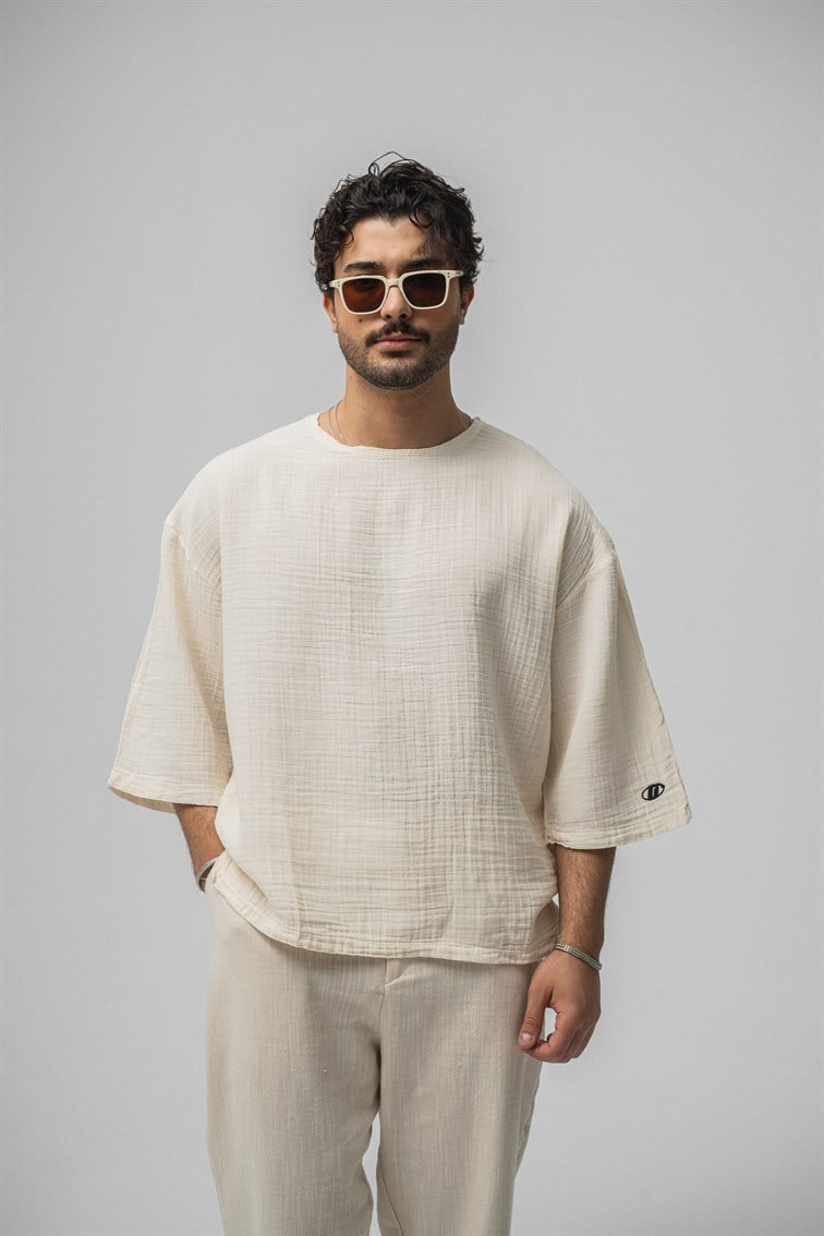Müslin Fakir Kol Oversize Tshirt Krem