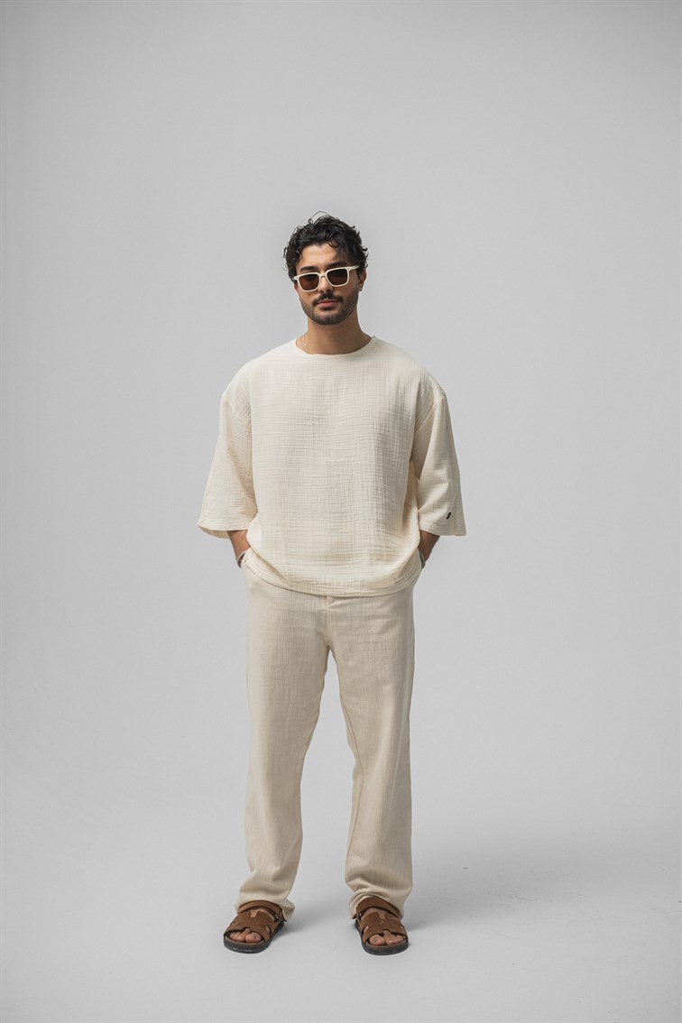 Müslin Fakir Kol Oversize Tshirt Krem