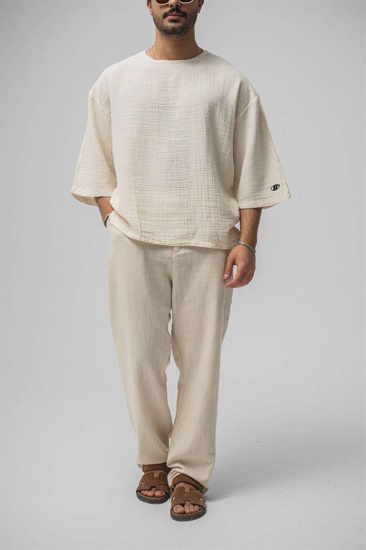 Müslin Fakir Kol Oversize Tshirt Krem
