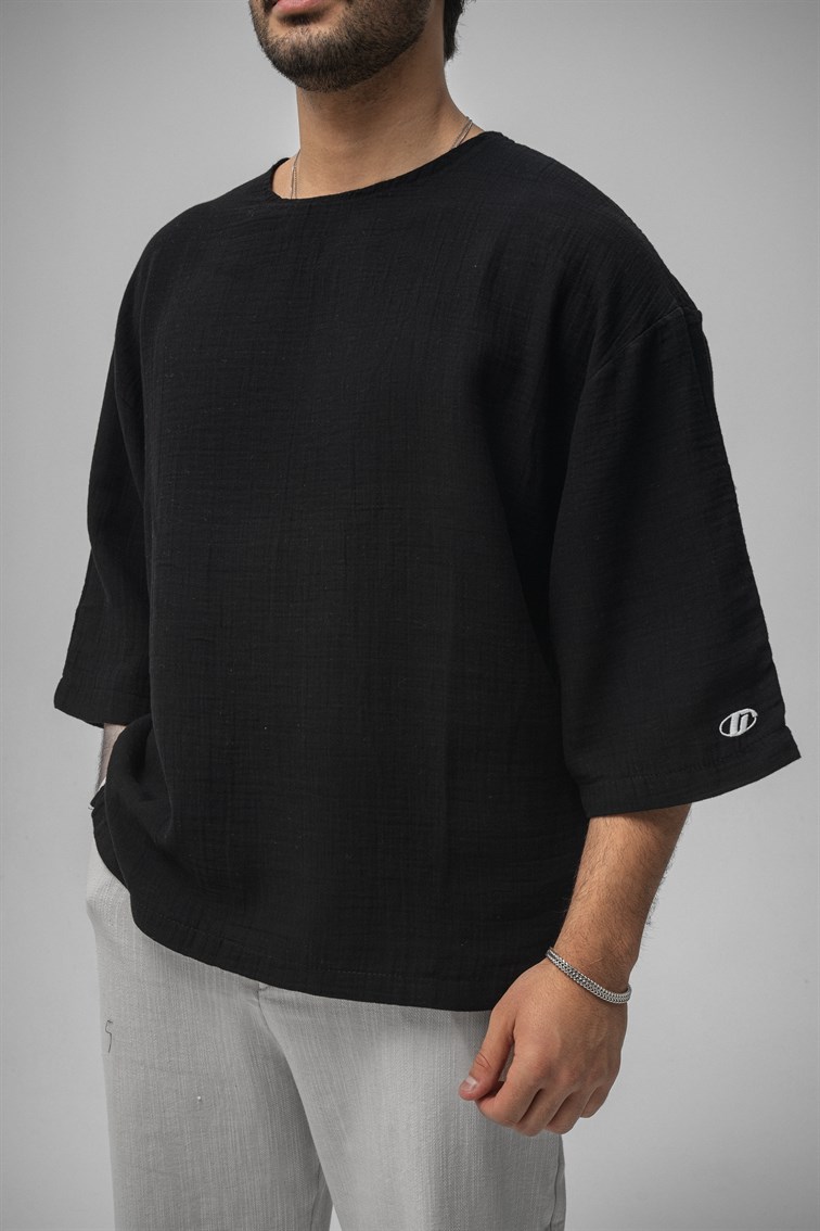 Müslin Fakir Kol Oversize Tshirt Siyah