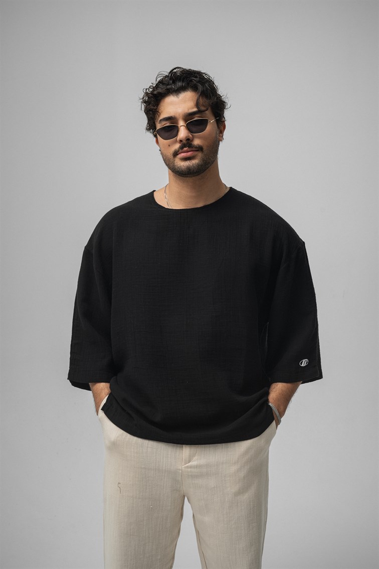 Müslin Fakir Kol Oversize Tshirt Siyah