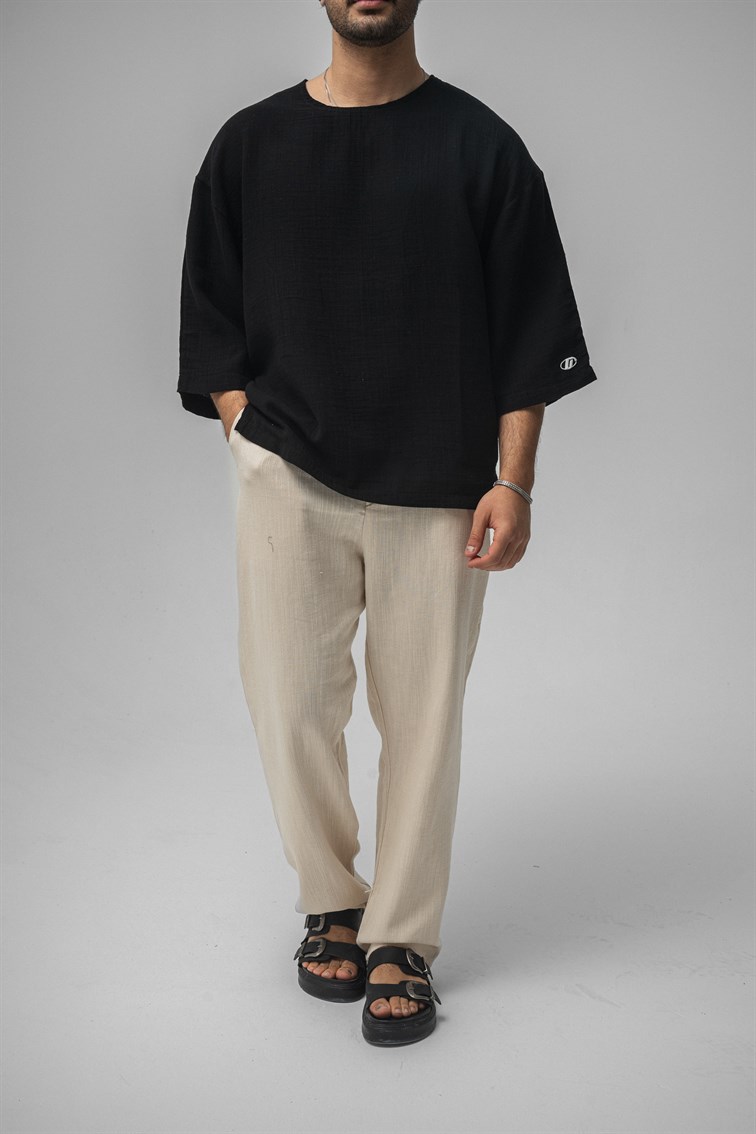 Müslin Fakir Kol Oversize Tshirt Siyah