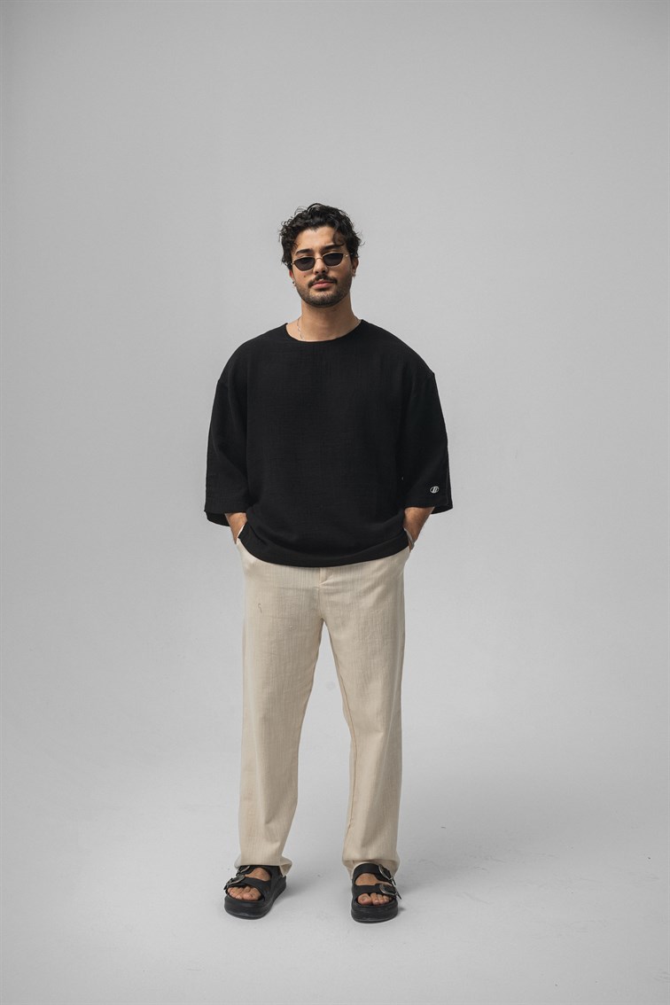 Müslin Fakir Kol Oversize Tshirt Siyah