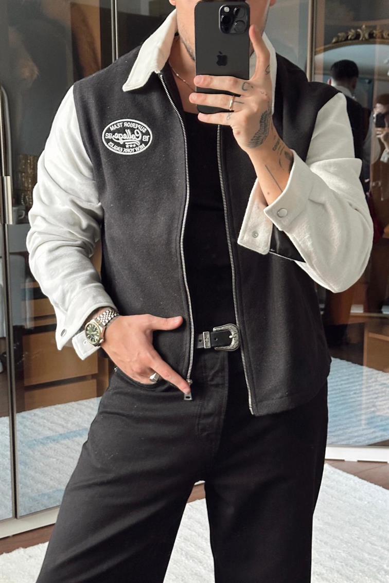 Nakışlı Bol Kalıp Kaşe Ceket Siyah