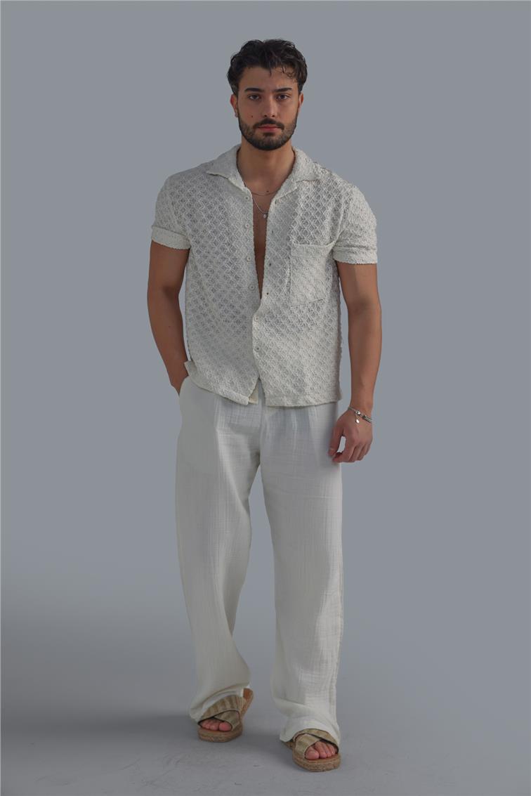 Nakışlı Linen Gömlek Kırık Beyaz