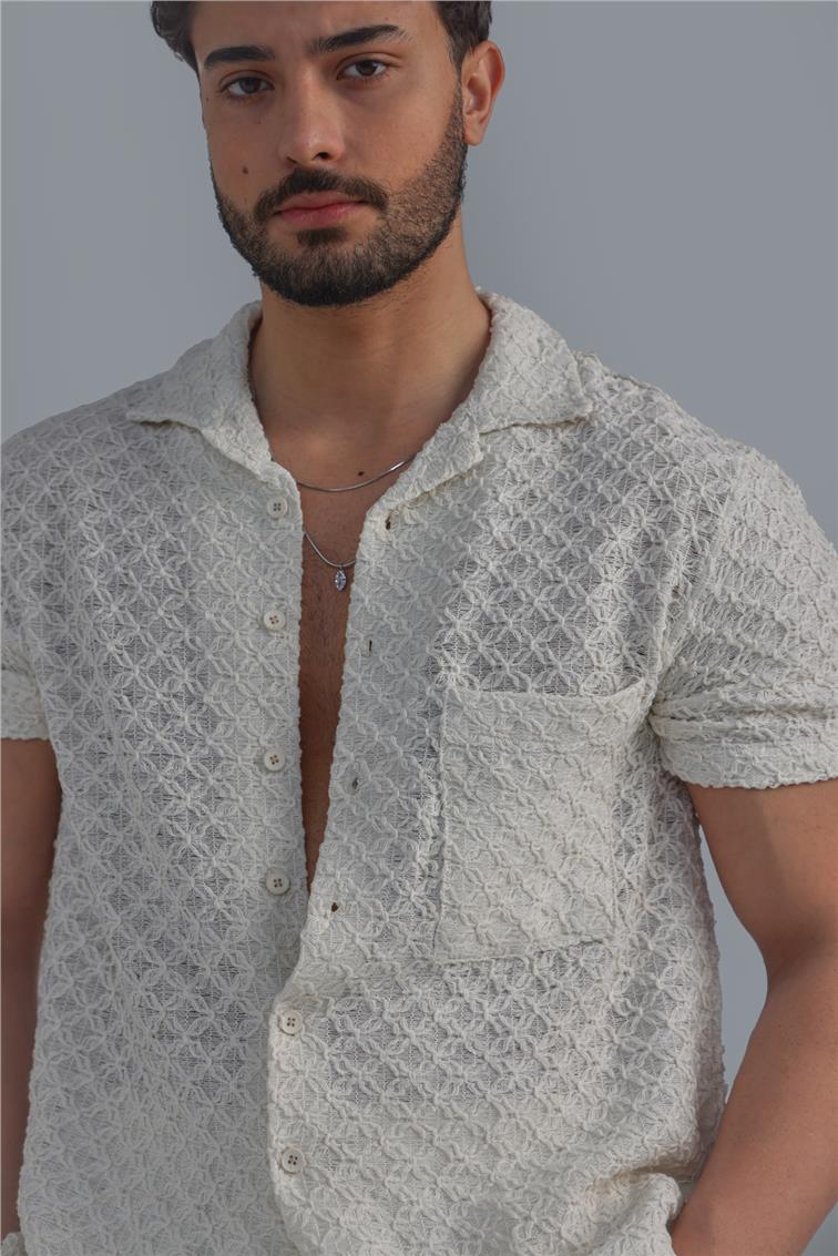 Nakışlı Linen Gömlek Kırık Beyaz