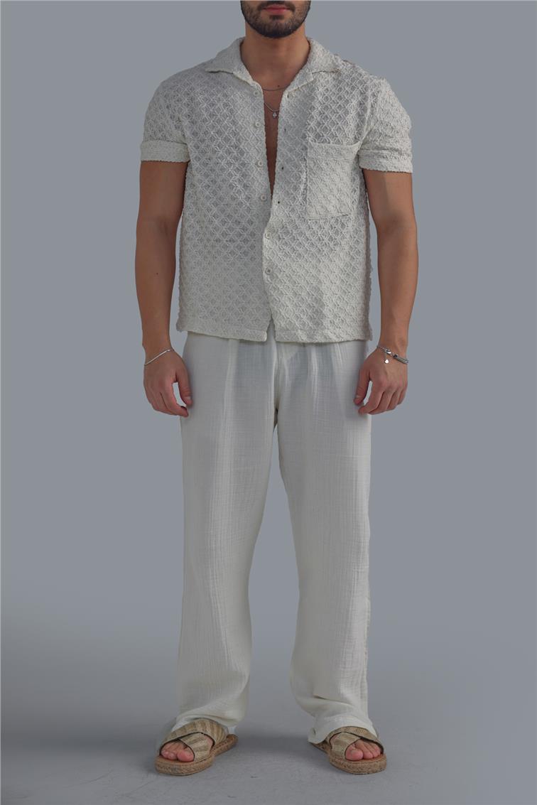 Nakışlı Linen Gömlek Kırık Beyaz